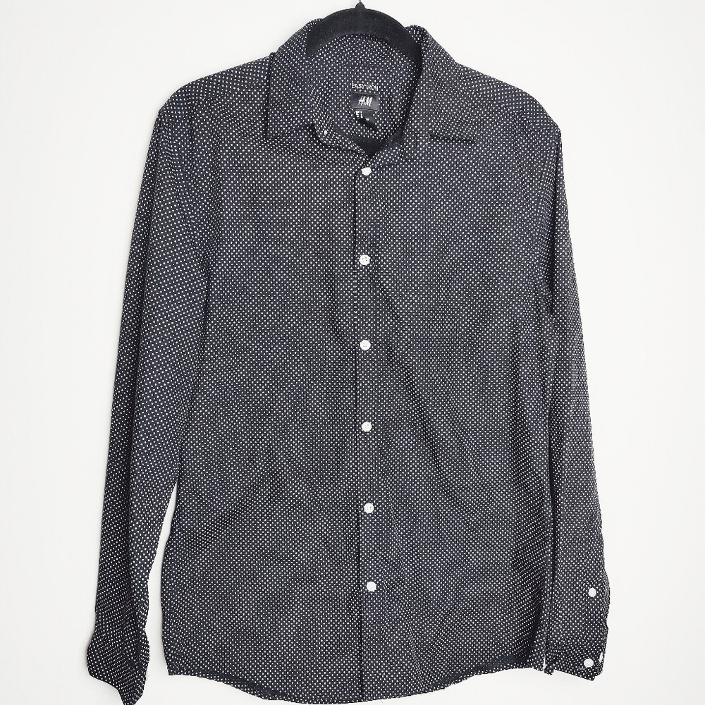 H&M Men's Easy Iron Black/White Polka Dot Dress Shirt, Size M
